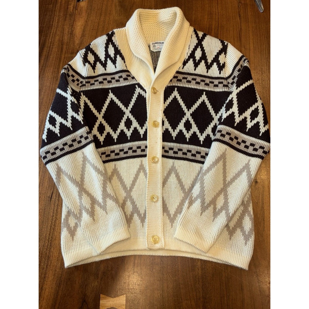 Vintage Tundra Cardigan Sweater Mens Medium Brown Wool Geometric Shawl Collar